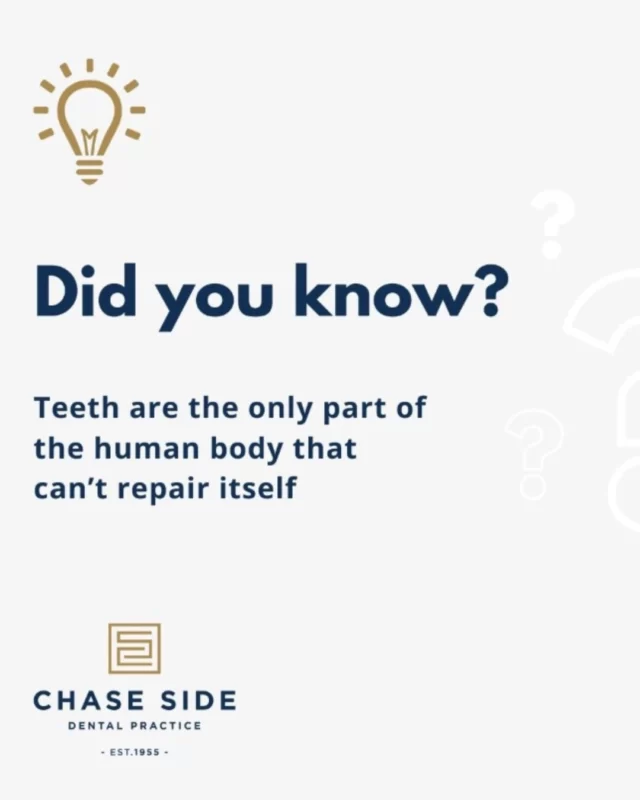 Teeth are the only part of the human body that can’t repair themselves as they lack living cells. This means once a tooth is damaged, it can’t heal on its own.

This is why maintaining good oral hygiene and addressing dental issues early is so important. Regular brushing, flossing and dental check-ups are essential to prevent problems like cavities and gum disease which can lead to irreversible damage.

If you have any concerns or would like to arrange a check up, call us on 0202 8363 6363.

 #DentalCare  #chasesidedentalpractice #chaseside #enfield #dentistenfield #dental #dentist 
38 w