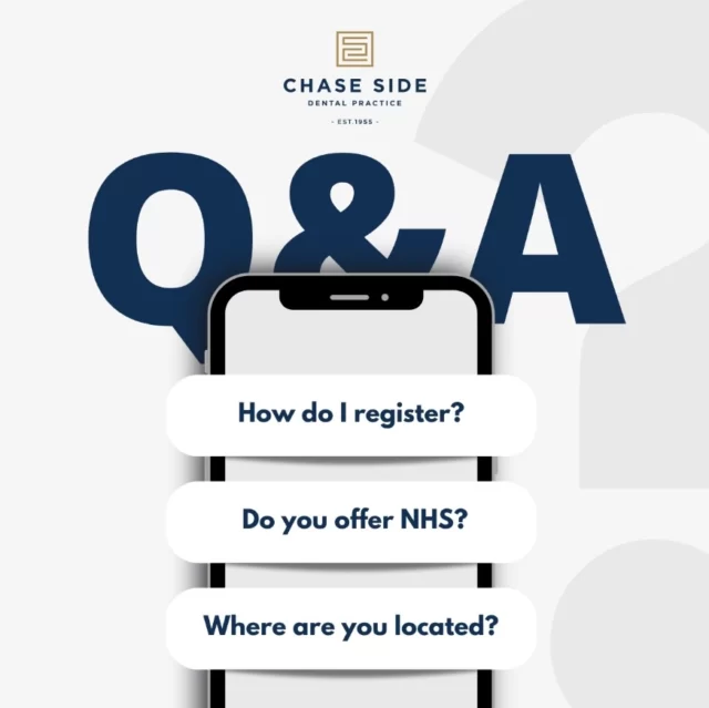 Got questions as a new or existing patient? Leave us a comment or send a DM and we'll respond to your query as soon as possible!🦷✨

Please see answers to our most frequently asked questions:

How do I register?
Complete the medical history form that can be found on our website or by following this link: https://www.chasesidedental.co.uk/patient-forms/medical-history/. We will then contact you to arrange your first appointment.

Do you offer NHS?
We are a fully private practice and do not have a contract with the NHS.

Where are you located?
We are located on Chase Side in Enfield.

For more info, check out our FAQ page: https://www.chasesidedental.co.uk/faq/

We look forward to answering any questions you may have! 💬😊

#DentalPractice #chasesidedentalpractice #chaseside #enfield #dentistenfield #dental #dentist #dentalhealth #dentistlondon #northlondondentist #implants #teethwhiteninglondon #endodontics #compositebonding #generaldentistrylondon #hygienelondon #hygienist