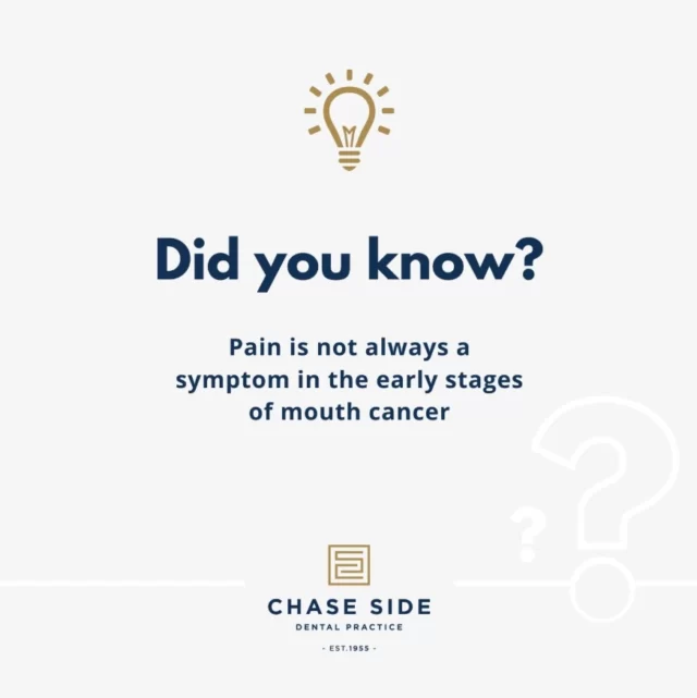 Pain is NOT always a symptom in the early stages of mouth cancer. This is why it’s so important to pay attention to visual signs such as unexplained sores, lumps or white/red patches in your mouth that don't heal within two weeks.

Early detection through regular dental check-ups can make all the difference in treatment success! Your dentist can help spot early signs of mouth cancer before symptoms like pain even appear.

If you notice anything unusual, don’t wait for pain to show up; make an appointment for a check-up today!🦷✨

#OralHealth #MouthCancerAwareness #EarlyDetection #HealthMatters #PreventionIsKey #DentalCheckup #StayInformed #HealthyMouthHealthyLife #chasesidedentalpractice #chaseside #enfield #dentistenfield #dental #dentist #dentalhealth #dentistlondon #northlondondentist #implants #teethwhiteninglondon #endodontics #compositebonding #generaldentistrylondon #hygienelondon #hygienist