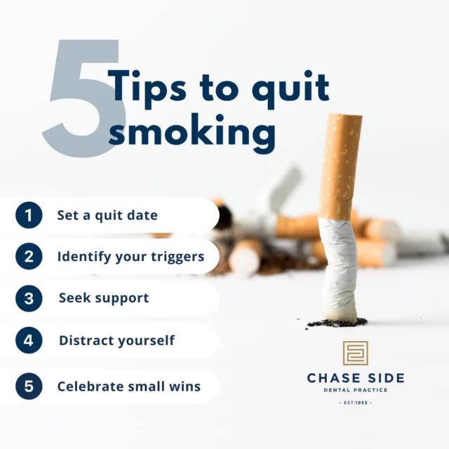 Top 5 tips for stopping smoking this Stoptober!🚭

📅Set a quit date: Mark your calendar and commit to your smoke-free journey. When’s your quit date?

💡Identify your triggers: Know what makes you want to smoke. Is it stress, coffee, or social settings? Let’s tackle them together!

🤝Seek support: Share your goals with friends and family or join a support group. You’re not alone in this!

🚶Distract yourself: When cravings hit try going for a walk or pick up a hobby that keeps your hands and mind busy.

🎉Celebrate small wins: Reward yourself for every milestone—one day, one week or one month smoke-free!

Let’s motivate each other to quit this October! Which tip resonates with you the most? Comment below! 👇💬

#Stoptober #QuitSmoking #SmokeFree #HealthyLiving #SupportEachOther #chasesidedentalpractice #chaseside #enfield #dentistenfield #dental #dentist #dentalhealth #dentistlondon #northlondondentist #implants #teethwhiteninglondon #endodontics #compositebonding #generaldentistrylondon #hygienelondon #hygienist
48 w