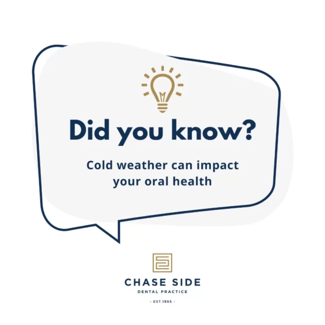 Chilly temperatures and heated indoor air can leave your mouth feeling uncomfortably dry. When your mouth is dry, it can increase the risk of tooth decay, gum disease and even tooth loss, since saliva is essential for protecting teeth from harmful bacteria and acids.

Here are our top tips to help you protect your smile this season:

🦷 Stay hydrated by sipping on water often
🍵 Avoid dehydrating drinks like alcohol and caffeine
🍬 Chew on an apple to help boost saliva production
💡 Humidify your home to combat the dry winter air

If you are concerned about dry mouth, schedule an appointment with us today.

#WinterTips #DryMouthRelief #HealthySmiles #OralHealthMatters #DentalCare #chasesidedentalpractice #chaseside #enfield #dentistenfield #dental #dentist #dentalhealth #dentistlondon #northlondondentist #implants #teethwhiteninglondon #endodontics #compositebonding #generaldentistrylondon #hygienelondon #hygienist