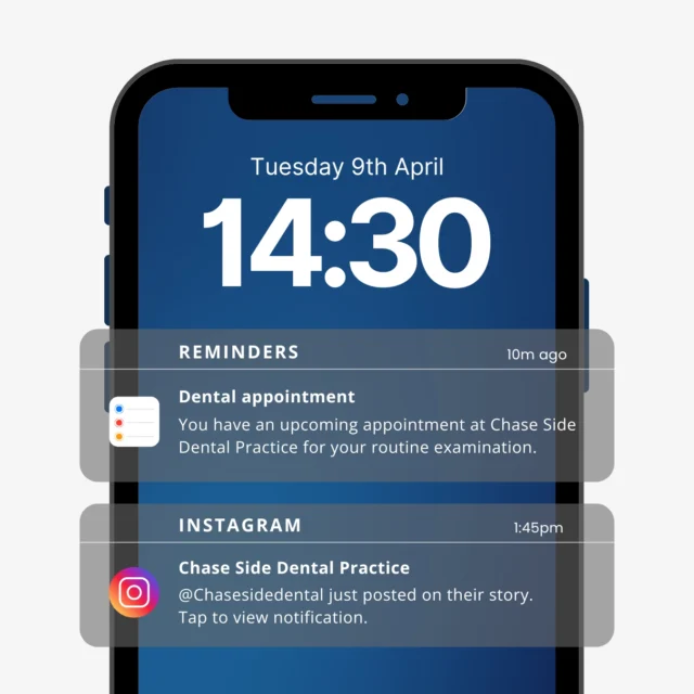 We send friendly reminders to help you stay on top of your dental appointments! You'll receive a notification three days before your visit and a follow-up reminder one day prior. 📅

Prefer a specific way to be reminded? We offer texts, emails or both as reminders.

Need to update your reminder preferences or schedule an appointment? Give us a call today!

📞 020 8363 6363
📨 contact@chasesidedental.co.uk
🌍 www.chasesidedental.co.uk

#DentalCare #DentalReminders #AppointmentReminder