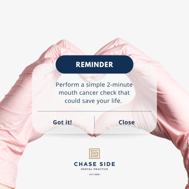 Early detection can save lives, so let’s take just 2 minutes to perform a simple self-check. It’s quick, easy, and could be life-saving.

🔎 The 2-Minute Mouth Cancer Self-Check:
Lips: Check your lips for any lumps, ulcers or unusual colour changes. Run your finger along your lips and press gently to feel for any abnormalities.
Cheeks (Inside): Use your fingers to feel inside your cheeks and look for red or white patches, lumps, or ulcers that don’t heal.
Roof of Your Mouth: Tilt your head back and use a mirror to examine the roof of your mouth. Check for any lumps, discoloration, or sores.
Tongue (Top and Sides): Stick out your tongue and check the top, sides and underneath for any unusual lumps, patches, or ulcers. Move your tongue from side to side to get a clear view.
Neck: Gently press along your neck and under your chin to feel for any lumps or swelling that could indicate an issue.

If you notice anything unusual, don’t wait! Early detection can make all the difference. Book an appointment with your dentist or doctor to get checked out.

#MouthCancerActionMonth #2MinuteCheck #EarlyDetectionSavesLives #OralHealthMatters #chasesidedentalpractice #chaseside #enfield #dentistenfield #dental #dentist #dentalhealth #dentistlondon #northlondondentist #implants #teethwhiteninglondon #endodontics #compositebonding #generaldentistrylondon #hygienelondon #hygienist