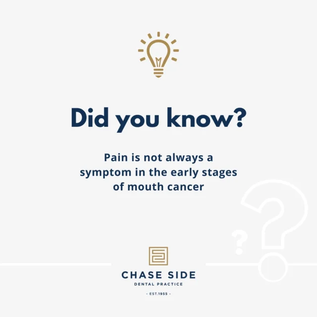Pain is NOT always a symptom in the early stages of mouth cancer. This is why it’s so important to pay attention to visual signs such as unexplained sores, lumps or white/red patches in your mouth that don't heal within two weeks.

Early detection through regular dental check-ups can make all the difference in treatment success! Your dentist can help spot early signs of mouth cancer before symptoms like pain even appear.

If you notice anything unusual, don’t wait for pain to show up; make an appointment for a check-up today!🦷✨

#OralHealth #MouthCancerAwareness #EarlyDetection #HealthMatters #PreventionIsKey #DentalCheckup #StayInformed #HealthyMouthHealthyLife #chasesidedentalpractice #chaseside #enfield #dentistenfield #dental #dentist #dentalhealth #dentistlondon #northlondondentist #implants #teethwhiteninglondon #endodontics #compositebonding #generaldentistrylondon #hygienelondon #hygienist