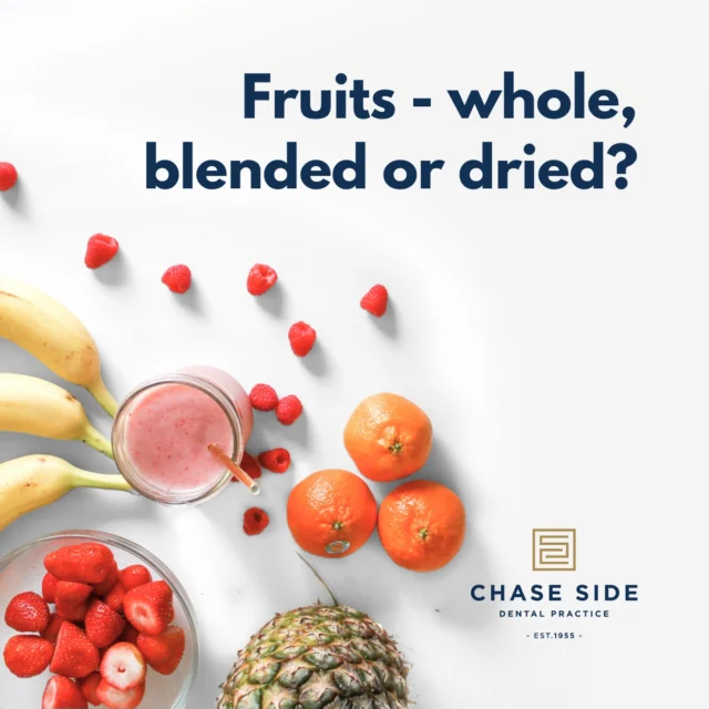 Fruits make a great healthy snack alternative but which is best for your teeth? Here's what you need to know:

🍏 Whole fruits: The best choice for your teeth! Whole fruits are packed with fiber, which helps produce saliva - your natural defence against tooth decay.

🍹 Blended fruits: Smoothies can be a tasty way to get your fruit, but be cautious! Blending breaks down the fiber and the natural sugars can stick to your teeth, increasing the risk of cavities.

🍇 Dried fruits: These are sticky and can cling to your teeth. Dried fruits are also more concentrated in sugar compared to their fresh counterparts.

Keep your smile bright and healthy with regular dental check-ups and good oral hygiene practices. 😁✨

#DentalHealth #OralHygiene #HealthyEating #WholeFruits #DentalTips #SmileBright #chasesidedentalpractice #chaseside #enfield #dentistenfield #dental #dentist #dentalhealth #dentistlondon #northlondondentist #implants #teethwhiteninglondon #endodontics #compositebonding #generaldentistrylondon #hygienelondon #hygienist