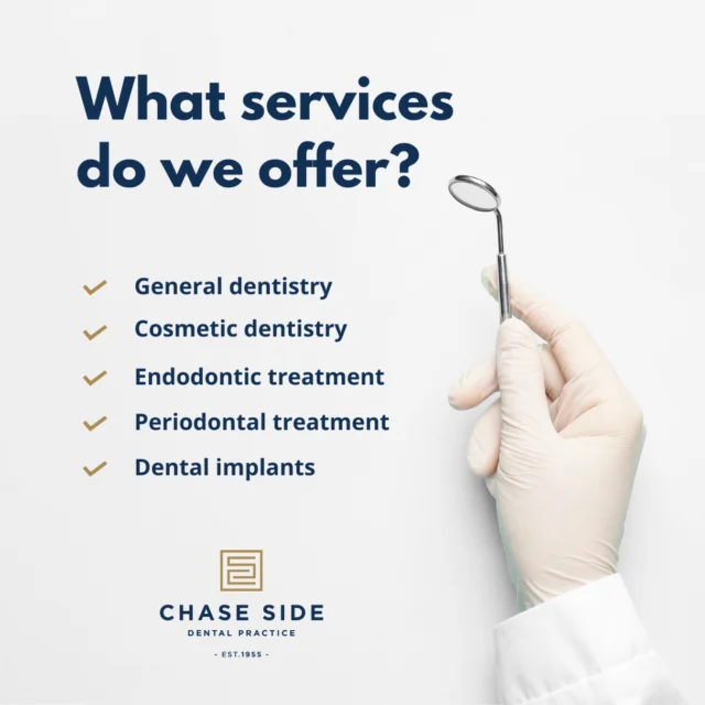 At Chase Side Dental Practice, we’ve got all your dental needs covered!🦷✨

Here's what we offer:

1️⃣ General dentistry: Routine check-ups, cleanings and fillings to maintain your overall oral health.
2️⃣ Cosmetic dentistry: Transform your smile with veneers, teeth whitening and more.
3️⃣ Endodontic treatment: Expert root canal therapy to save damaged teeth and relieve pain.
4️⃣ Periodontal treatment: Specialised care for your gums to prevent and treat gum disease.
5️⃣ Dental implants: Permanent solutions for missing teeth, restoring function and appearance.

Contact us on 020 8363 6363 to learn more and schedule your next appointment!

📞 020 8363 6363
📨 contact@chasesidedental.co.uk
🌍 www.chasesidedental.co.uk

#DentalCare #Endodontics #PeriodontalTreatment #DentalImplants #GeneralDentistry

#dentalhealth #dentistlondon