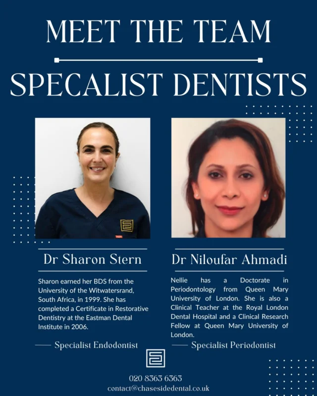 ✨ Meet the Team ✨

Meet our Specialist Dentists! 🦷

With a wealth of expertise and a patient-centred approach, Sharon and Nellie are dedicated to providing exceptional care tailored to each individual's needs.

We're proud to have them as part of our team and look forward to helping you on your smile journey! 😁💙

#MeetTheTeam #SpecialistDentist #DentalExperts #Endodontist #Perodontist #Enfield #EnfieldDentist #ChaseSideDentalPractice