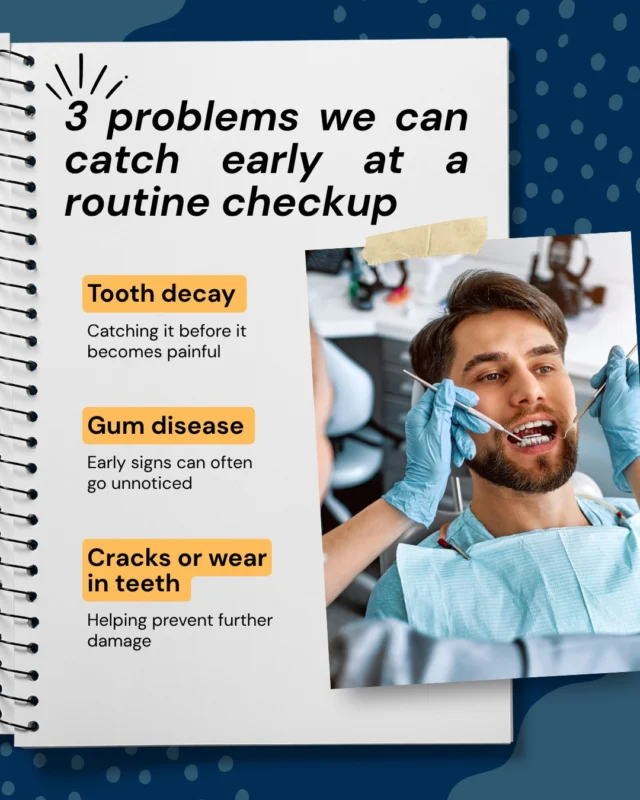 🦷 3 Problems We Can Catch Early at a Routine Check-Up 🦷

Regular dental check-ups are about more than just keeping your smile looking great, they help identify issues before they become bigger problems.

📅 Prevention is always better than cure.

#DentalHealth #PreventiveDentistry #RoutineCheckUp #OralHealth  #HealthyTeeth #GumHealth #DentistVisit #Enfield #EnfieldDentist #ChaseSideDentalPractice