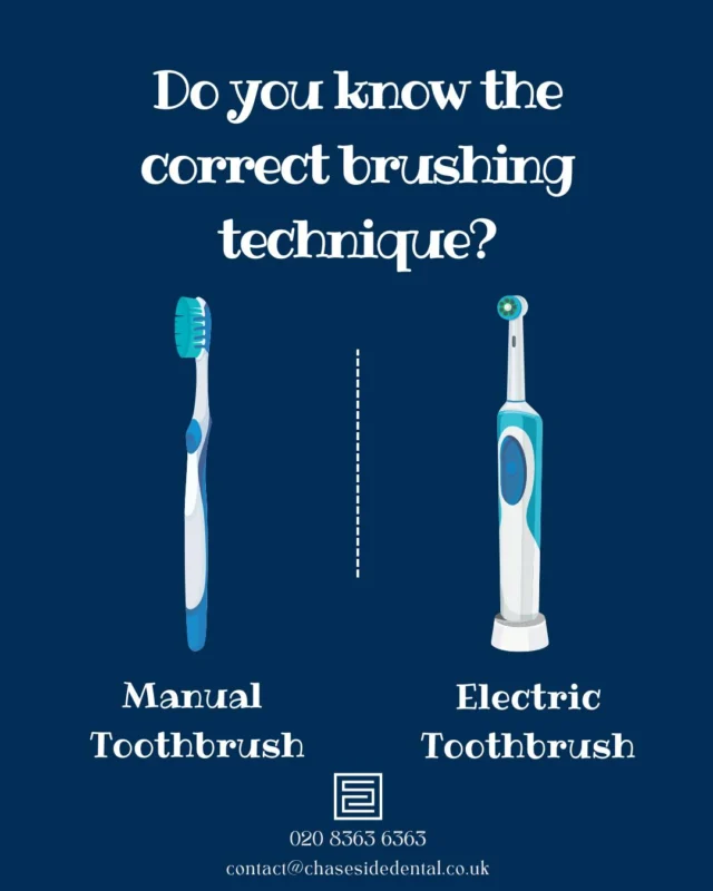 Brushing the right way makes all the difference! ✨

Whether you use a manual or electric toothbrush, proper technique helps keep your teeth and gums healthy.

💙 Manual toothbrush tips:
• Hold your brush at a 45° angle to the gumline.
• Use gentle circular or short back-and-forth motions.
• Brush the outer, inner, and chewing surfaces of every tooth.
• Tilt the brush vertically to clean the inside of your front teeth.
• Don't forget to brush your tongue to help reduce bacteria and freshen your breath.
• Brush for 2 minutes, twice a day.
• Replace your toothbrush every 3–4 months (or sooner if the bristles are frayed).

⚡ Electric toothbrush tips:
• Place the brush on your teeth before turning it on.
• Hold it at a 45° angle to the gumline.
• Let the toothbrush do the work—no scrubbing needed!
• Move slowly from tooth to tooth, pausing on each surface.
• Clean the outer, inner, and chewing surfaces, and gently brush along the gumline.
• Brush for 2 minutes and use the built-in timer if available.
• Replace your brush head every 3 months or as recommended by the manufacturer.

✨ Remember: Gentle pressure is key! Brushing too hard can wear away enamel and damage your gums.

Healthy smiles start with healthy habits! 😁🦷

#OralHealth #HealthySmile #DentalCare #ToothbrushingTips #BrushBetter #SmileMore #DentalHygiene #PreventiveCare #Enfield #EnfieldDentist #ChaseSideDental