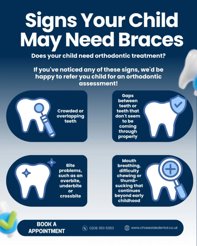 🦷 Does your child need orthodontic treatment?

Not every child with crooked teeth needs braces straight away! 😊

An early orthodontic assessment can help identify developing issues and determine the best time for treatment—which can make a big difference to your child’s smile and oral health.

If you’ve noticed signs that your child may benefit from an orthodontic assessment, we’d be happy to help with a referral. 💙

📩 Speak to our team to find out more!

#Orthodontics #ChildrensDentistry #KidsTeeth #Braces #HealthySmiles #DentalHealth #OrthodonticAssessment  #Enfield #EnfieldDentist #EnfieldCommunity #ChaseSideDental