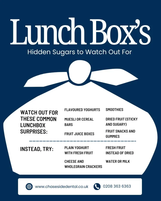 🍓👀 Think it’s healthy? Think again!

Some everyday foods and drinks can be hiding more sugar than you realise and it’s not just how much sugar your child has that matters, but how often they’re exposed to it.

Frequent sugary snacks and drinks can increase the risk of tooth decay, so making smart swaps can help protect those growing smiles. 🦷💙

#HiddenSugar #HealthyLunchbox #KidsTeeth #DentalTips #SugarSmart #HealthySmiles #ChildrensDentistry #ToothDecayPrevention #HealthyChoices #Enfield #EnfieldDentist #EnfieldCommunity #ChaseSideDental