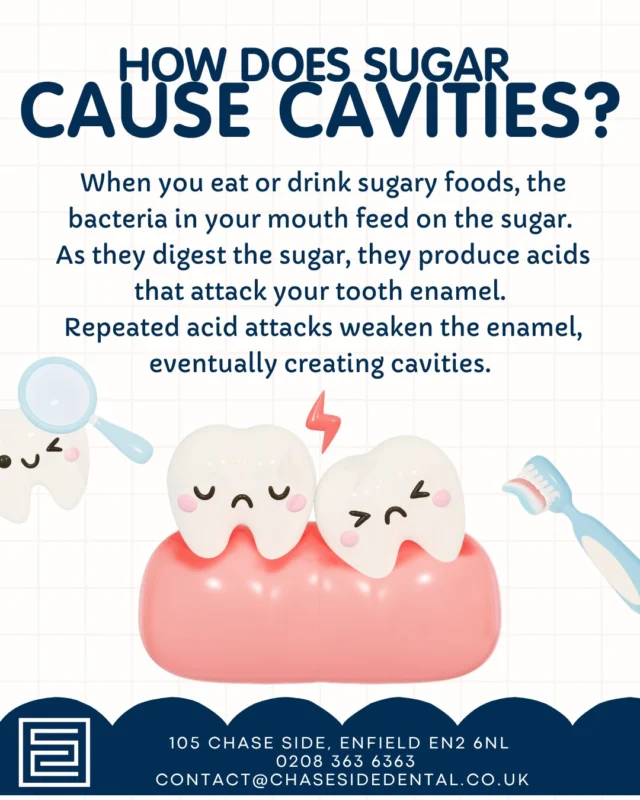 🍬 It’s not just how much sugar you have, it’s how often your teeth are exposed to it!

Frequent snacking and sipping sugary drinks can give your teeth repeated acid attacks throughout the day. 😬

💧 Make water your go-to drink
🦷 Brush twice a day
🍎 Keep sugary snacks to mealtimes where possible

Small changes can make a big difference to your smile! ✨😁

#SugarAndTeeth #OralHealth #DentalTips #HealthySmile #CavityPrevention #HealthyHabits #Enfield #EnfieldDentist #EnfieldCommunity #ChaseSideDental